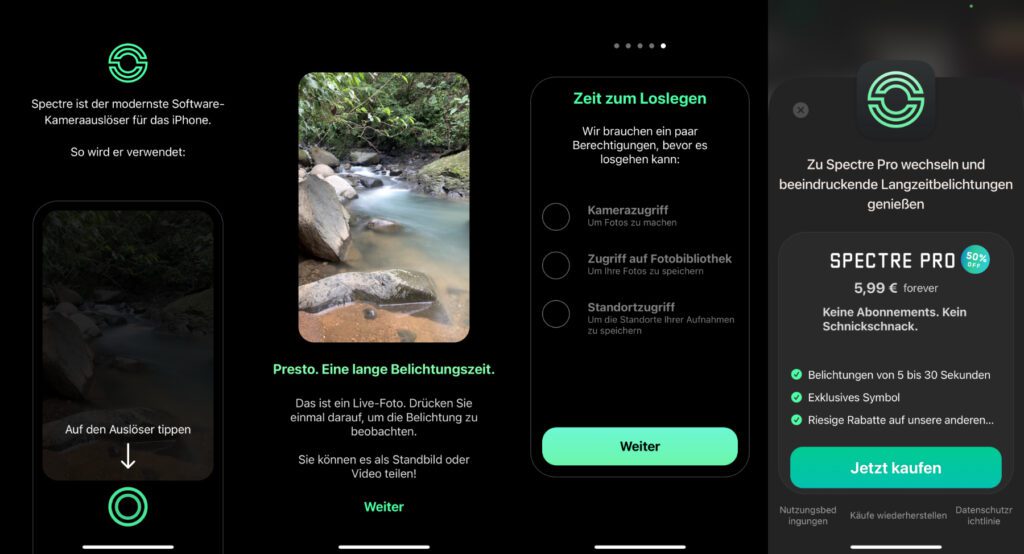 Bei der ersten Verwendung von Spectre am iPhone gibt es eine kleine Einführung (mit noch weitere Schritten, die hier nicht gezeigt werden) sowie eine Liste mit Zugriffsrechten. Tippt auf die einzelnen Punkte, um den Zugriff zu gewähren oder zu verweigern. Will man mehr als 3 Sekunden Belichtung auswählen, gibt es den Hinweis auf die Kaufversion.
