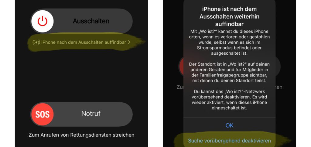 Will man das iPhone ausschalten und dabei einhergehend die Auffindbarkeit per Wo ist? und geteiltem Standort unterbinden, dann findet man die entsprechende Funktion direkt auf dem Ausschalten-Bildschirm von iOS.