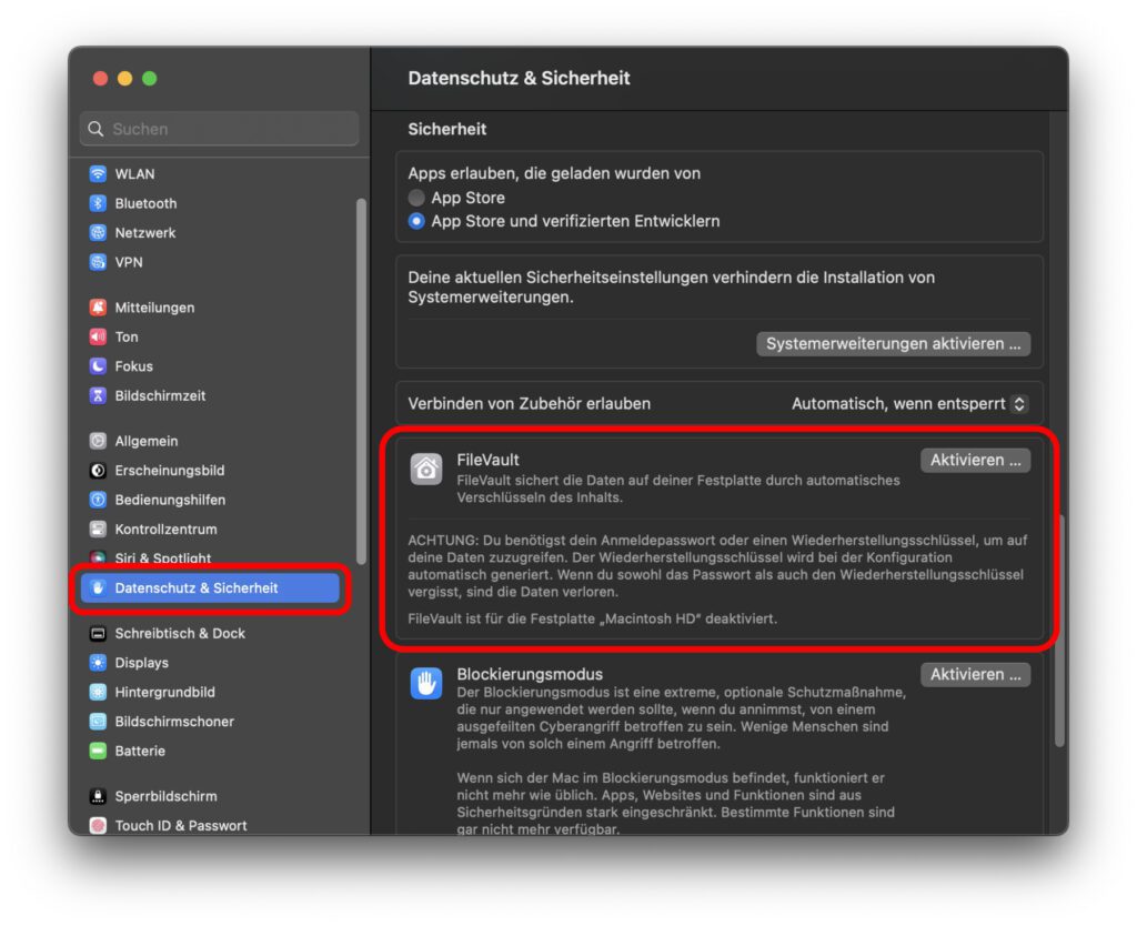 Ist FileVault deaktiviert, dann sieht es in den "Datenschutz & Sicherheit"-Einstellungen so aus.