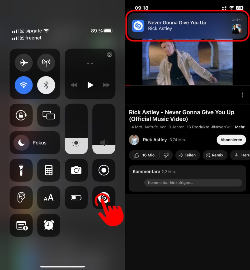 Shazam im Kontrollzentrum: Musikerkennung ohne erst die App wechseln zu müssen.