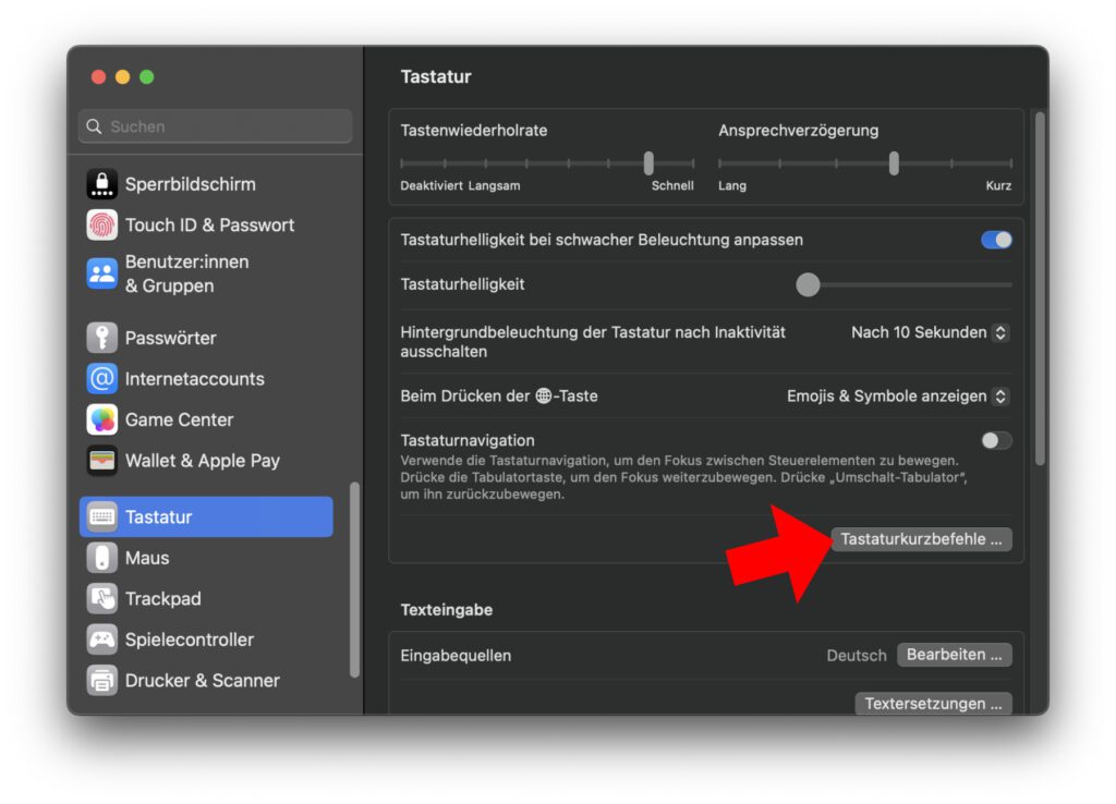 In den Systemeinstellungen findet ihr im Tastatur-Bereich den Button für die Einrichtung von Tastaturkurzbefehlen.
