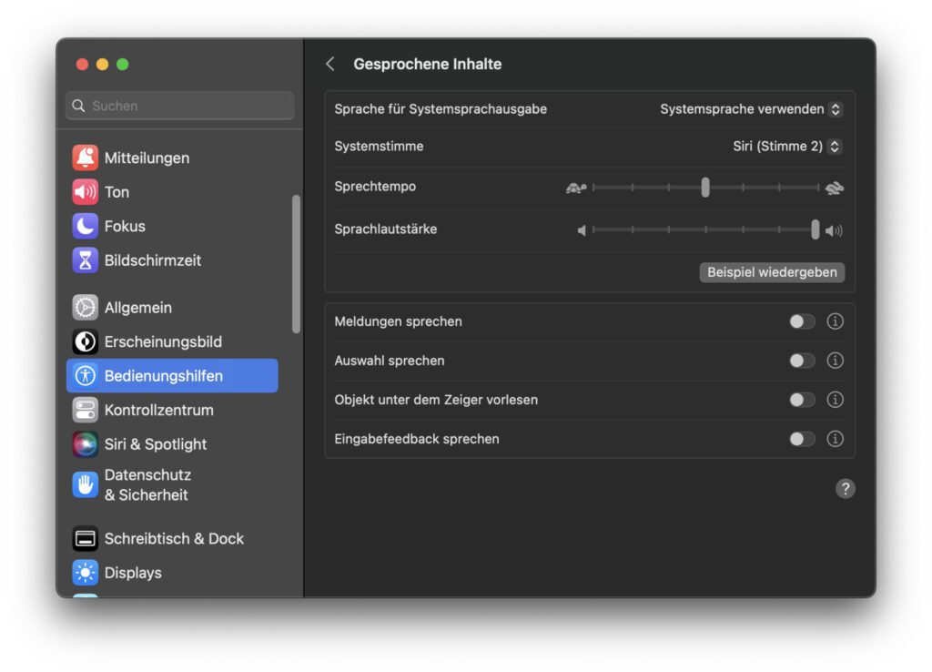 Hier könnt ihr nun Sprache, Stimme, Sprachtempo, Sprachlautstärke und mehr festlegen. Zudem stehen noch weitere Hilfen für die Mac-Nutzung bei Leseschwächen oder Blindheit zur Verfügung.