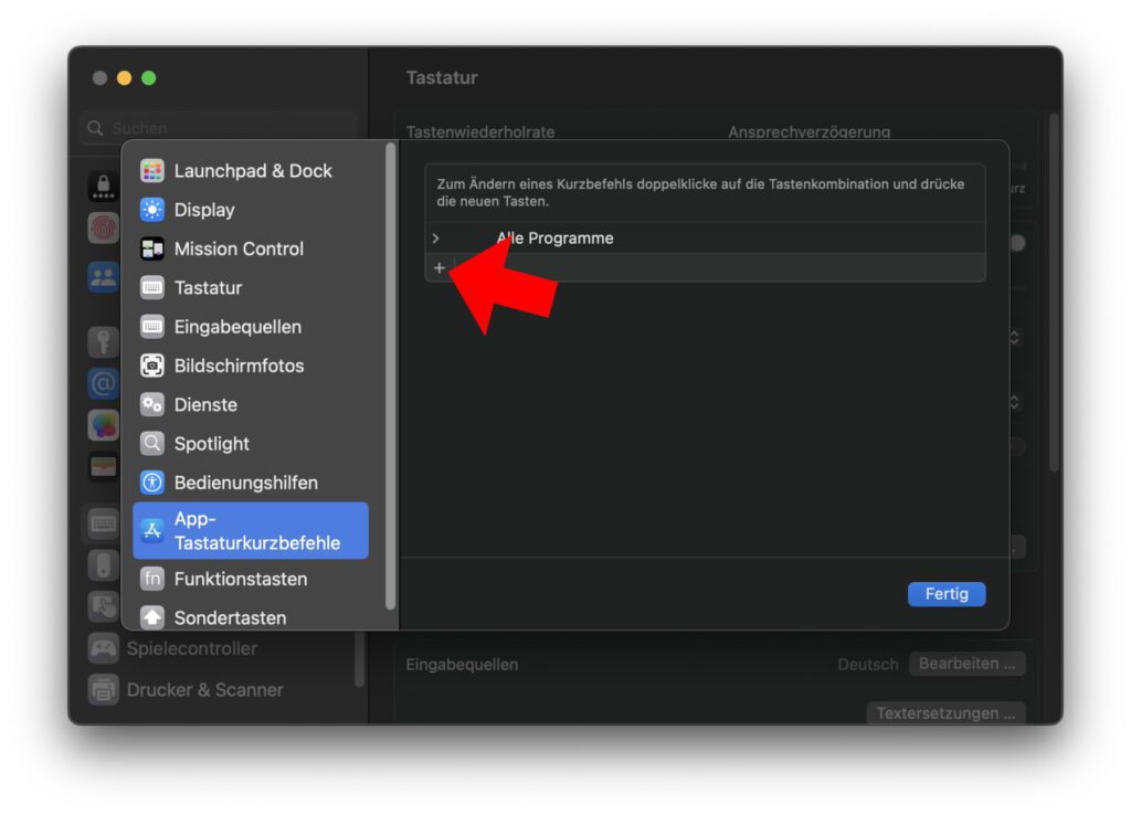 Wählt die App-Tastaturkurzbefehle aus und fügt dann einen neuen Shortcut mit dem Plus-Symbol unter der rechts angezeigten Übersicht hinzu.