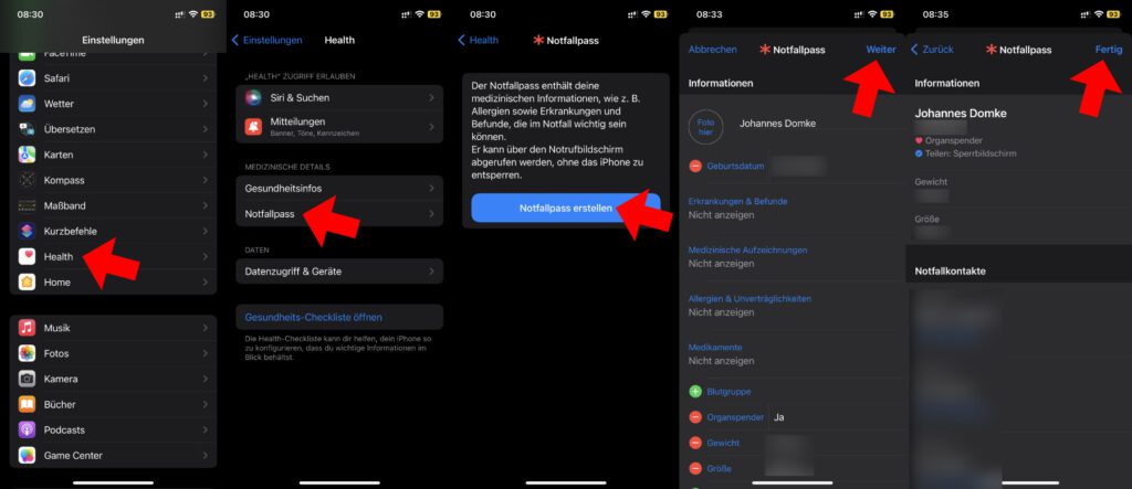Den iPhone Notfallpass könnt ihr über die iOS-Einstellungen anlegen und ändern. Darin lassen sich alle wichtigen medizinischen Daten sowie Notfallkontakte eintragen. Später ist das Ganze auch ohne Entsperren des Geräts einsehbar.