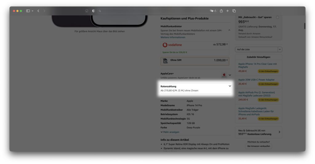 Wenn ihr das Apple iPhone 14 Pro finanzieren wollt, ohne Zinsen zahlen zu müssen, dann startet ihr ebenfalls mit dem Ratenzahlungsmenü der Amazon-Produktseite.