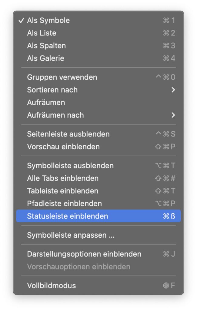 Ist das Finder-Fenster aktiv, dann klickt in der Menüleiste auf "Darstellung". Wählt dann den hervorgehobenen Menüpunkt aus.