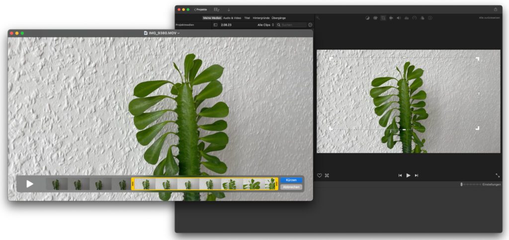 Im QuickTime Player könnt ihr nur die Länge am Videoanfang und -ende anpassen. In iMovie lässt sich zwar mehr zurechtschneiden und bearbeiten, das Seitenverhältnis aber auch nicht verändern.