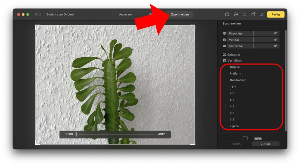 Zuschneiden hat hier nichts mit dem Videoschnitt, also der Länge des Videos, zu tun. In der Fotos App am Mac steht das für die Anpassung des Seitenverhältnisses in der Videodatei.