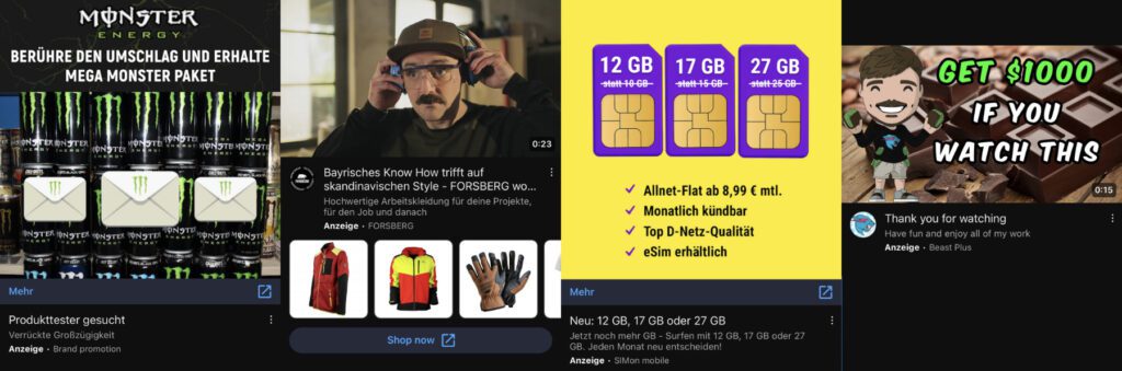 Vier verschiedene Werbeanzeigen, die einem in der YouTube App unterkommen können. Welche sind seriös und leiten auf eine vertrauenswürdige Webseite um? Und welche sind Betrug für Datenklau, Malware-Verbreitung und dergleichen? Hier lernt ihr, wie ihr das herausfindet!