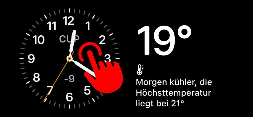 Haltet euren Finger auf die Uhr. Damit die Widget-Übersicht geöffnet wird, müsst ihr euer iPhone ggf. erstmal entsperren.