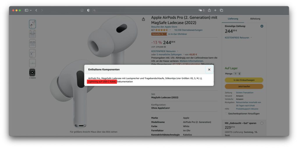 Bei den aktuell noch erhältlichen AirPods Pro (2. Gen) aus 2022 ist im Lieferumfang ein Kabel mit USB-C UND Lightning enthalten. Neben anderen Angaben auf der Produktseite ein eindeutiges Zeichen, dass es sich hier nicht um das neue Angebot handelt.