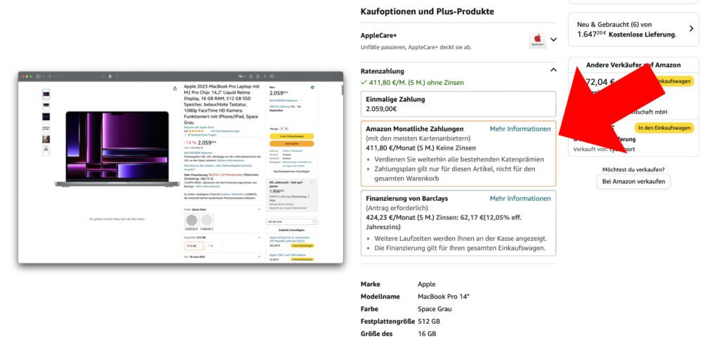 Scrollt ihr auf den Produktseiten des MacBook Pro nach unten, dann findet ihr unter der Überschrift "Kaufoptionen und Plus-Produkte" den Bereich "Ratenzahlung". Klappt diesen aus und klickt "Amazon Monatliche Zahlungen" an.