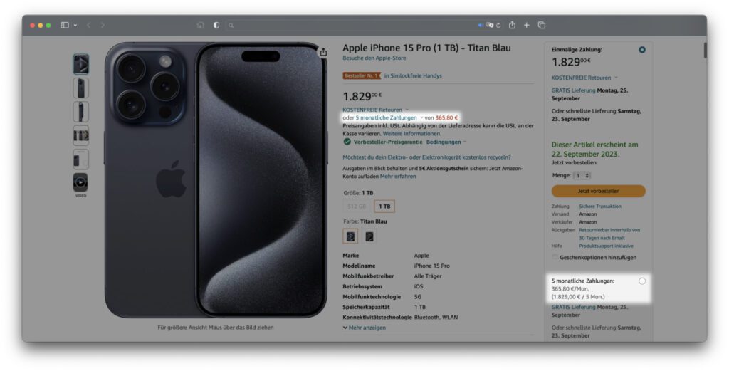 Falls euer Account dafür qualifiziert ist, könnt ihr die iPhone 15 Pro Finanzierung ohne Zinsen in Anspruch nehmen. Dies wird direkt auf der Produktseite mit der Höhe der fünf monatlichen Raten angezeigt.