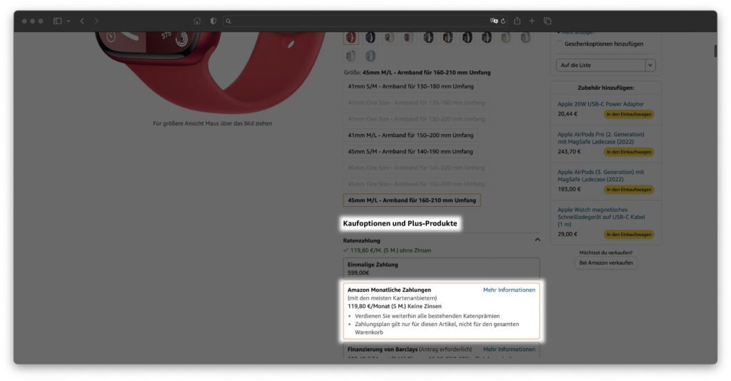 Könnt ihr die Liste der Voraussetzungen abhaken, dann wird euch auf der Produktseite der Apple Watch 9 die Ratenzahlung ohne Zinsen angeboten. So kauft ihr die Smartwatch in fünf Monatsraten, ganz ohne Kredit.