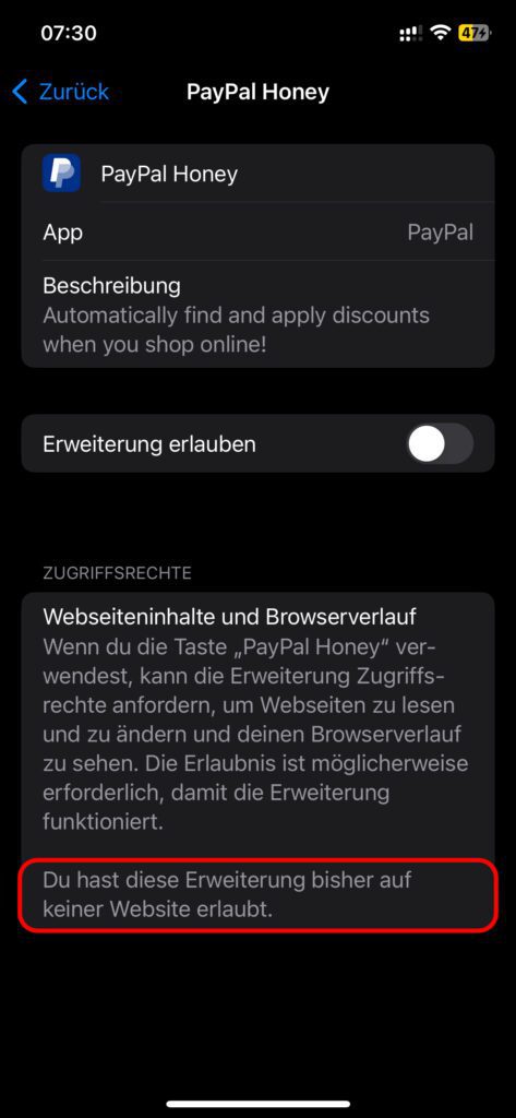 Habt ihr das Plugin noch nicht in Safari genutzt, dann wird dies auf ihrer Detailseite durch diesen Hinweis ersichtlich.