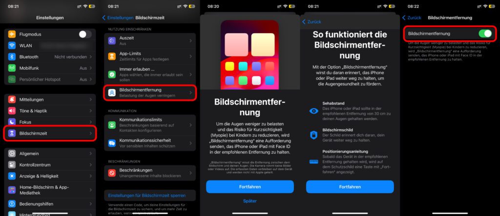 Um den Augenschutz am iPhone und iPad mit Face ID zu aktivieren, steuert ihr sie über Einstellungen -> Bildschirmzeit -> Bildschirmentfernung an. Dort gibt es dann eine Erklärung des Features und anschließend den Schalter zum Aktivieren und Deaktivieren.