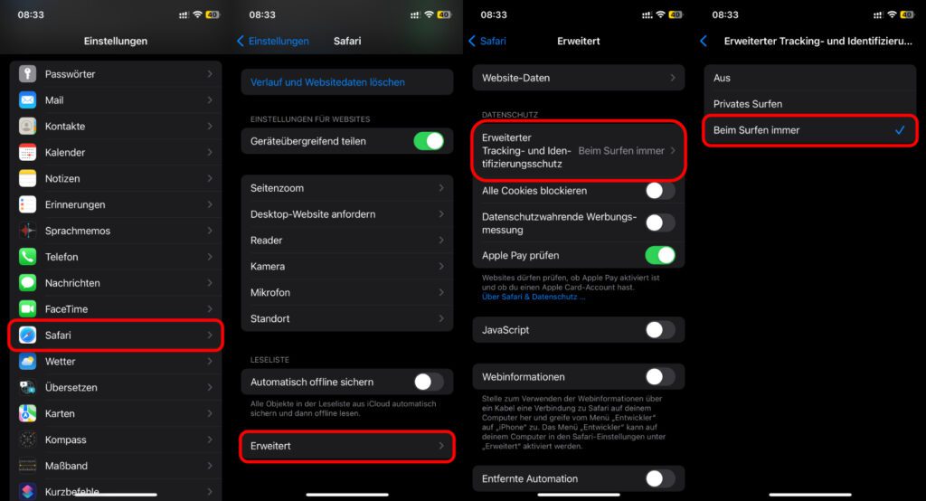 Um den erweiterten Schutz vor Tracking und Identifizierung über Webseiten-URLs zu aktivieren geht ihr so vor: Einstellungen -> Safari -> Erweitert -> Erweiterter Tracking- und Identifizierungsschutz.