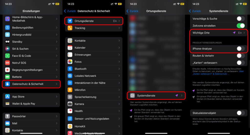 An eurem iPhone mit iOS 17 findet ihr unter Einstellungen -> Datenschutz & Sicherheit -> Ortungsdienste -> Systemdienste heraus, ob "Wichtige Orte" und "iPhone-Analyse" (wieder) aktiviert sind.