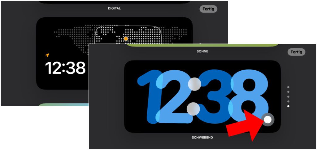 Haltet ihr den Finger auf dem dritten Standby-Bildschirm, dann könnt ihr davon euer favorisiertes Zifferblatt aussuchen. Einige lassen sich optisch anpassen.