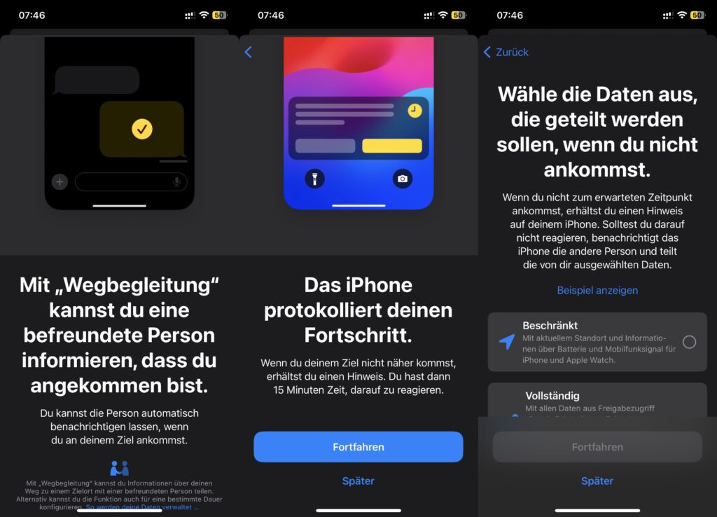 Beispiele für die Info-Bildschirme, die bei der ersten Nutzung der Wegbegleitung in der Nachrichten-App angezeigt werden.