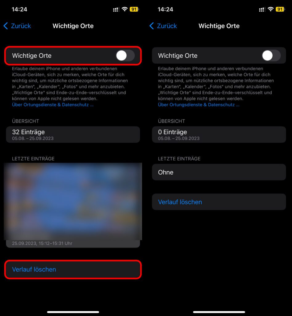 Nicht nur könnt ihr die zukünftige Nutzung von "Wichtige Orte" untersagen, sondern auch den aktuellen Verlauf löschen.
