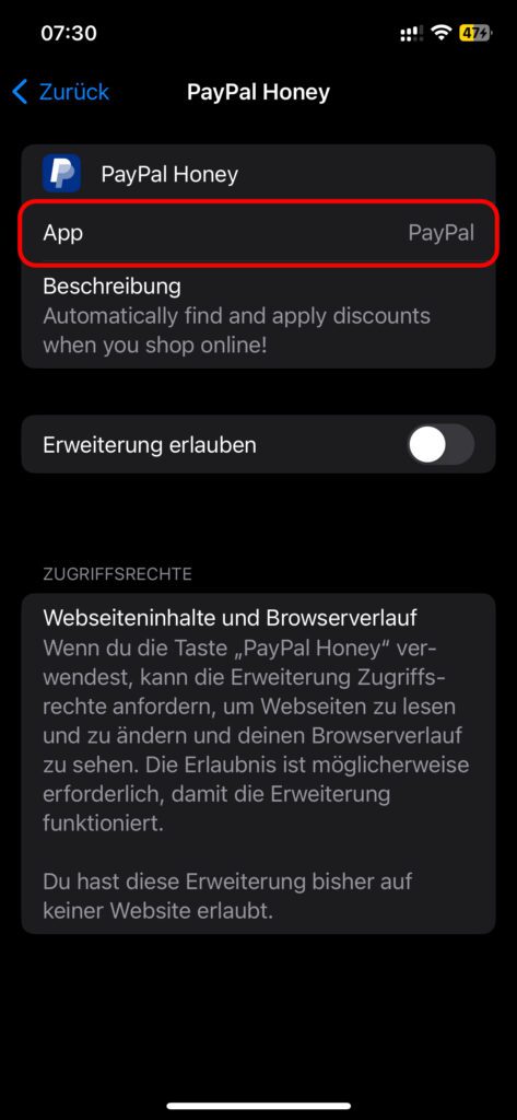 Wenn ihr die Erweiterung in den Einstellungen antippt, dann findet ihr mehr über sie heraus. Zum Beispiel wird die App aufgezeigt, die für ihre Installation verantwortlich ist.