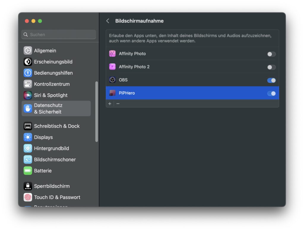 Um PiPHero nutzen zu können, muss man der App in den Systemeinstellungen die Erlaubnis für Bildschirmaufnahmen geben. Aufgenommen wird aber nichts, sondern nur in die PiP-Ansicht übertragen.