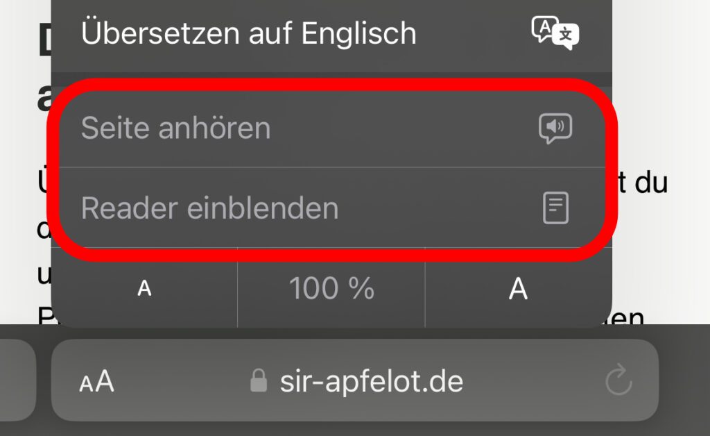 Ist die Reader-Ansicht ausgegraut, dann gilt dies auch für die Vorlese-Funktion von Safari. Die beiden Features gehen also Hand in Hand.