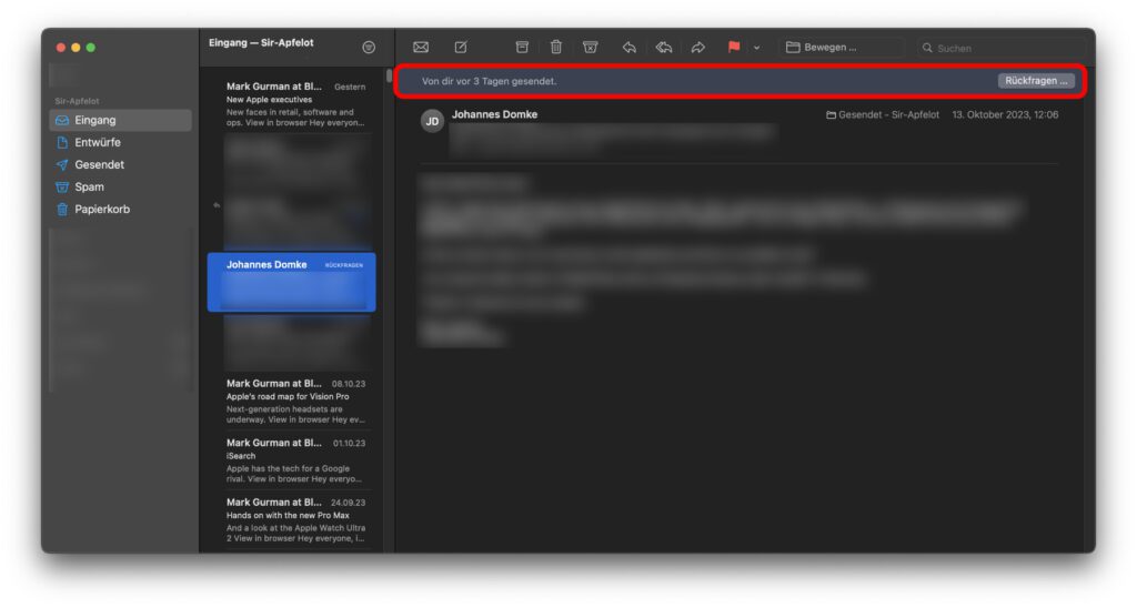 Neben der Korrespondenz mit meinem guten Freund Mark Gurman befand sich plötzlich eine von mir gesendete Mail im Eingang-Ordner. Mir wurde für diese eine Rückfrage vorgeschlagen. Wie man dies deaktiviert, das erfahrt ihr hier.