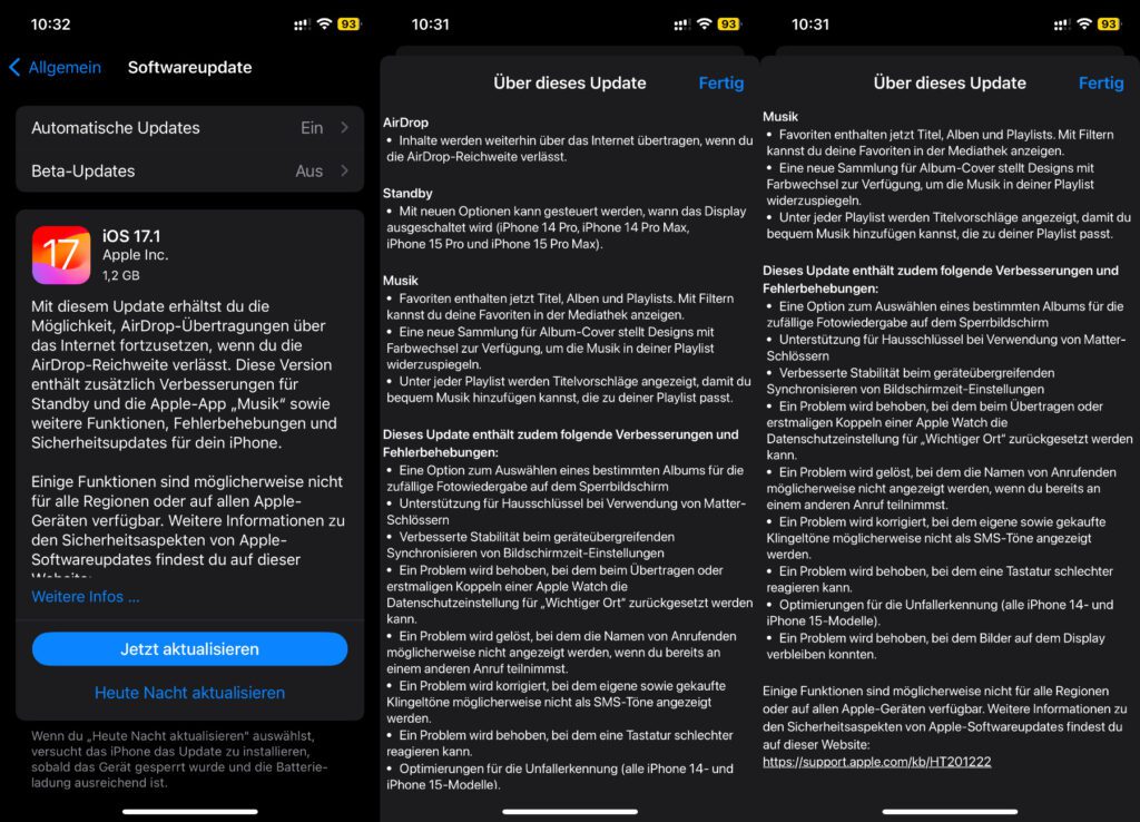 Unter Einstellungen -> Allgemein -> Softwareupdate findet ihr den Hinweis auf das iPhone-Update auf iOS 17.1. Zudem könnt ihr dort die Infos dazu aufrufen, welche Neuerungen diese Systemversion mitbringt.