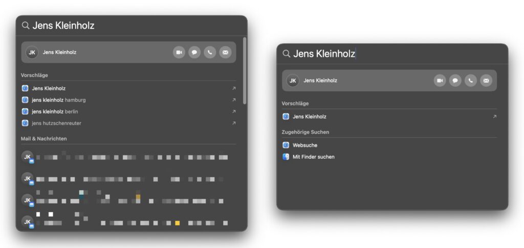 Suche nach einem "Kontakte"-Eintrag. Nach der Beschränkung auf die entsprechende Suchkategorie wurde in Spotlight weniger angezeigt.