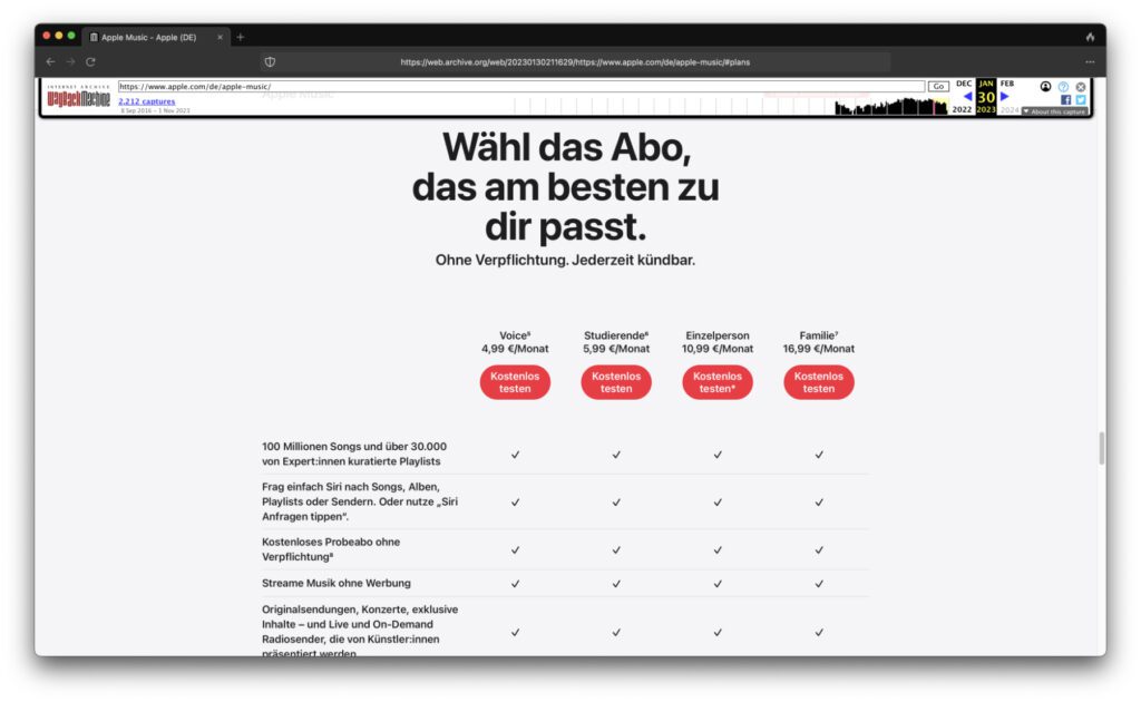 Auflistung des Voice-Abos auf der Apple Music Webseite im Januar 2023 (aufgerufen über die Wayback Machine des Internet Archive).