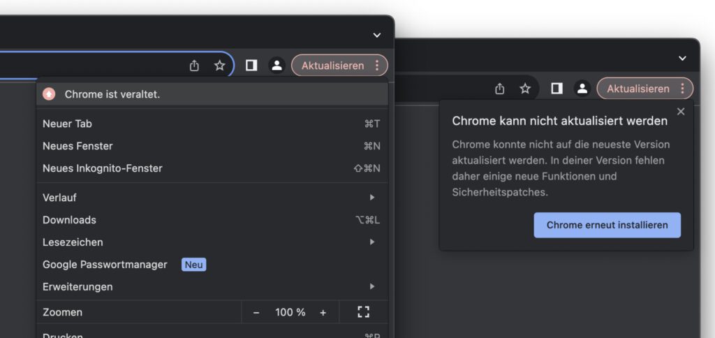 Wenn Chrome ein Update benötigt, dann wird euch das im Browser-UI angezeigt, nicht urplötzlich auf einer Webseite. Bilder: Sir Apfelot