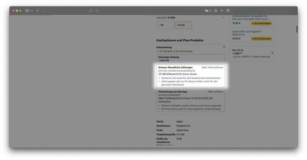 Klickt die Amazon-Finanzierung für eine zinslose Zahlung über 5 Monate an, um sie auszuwählen. Anschließend könnt ihr wie gewohnt weiter einkaufen und bezahlen.