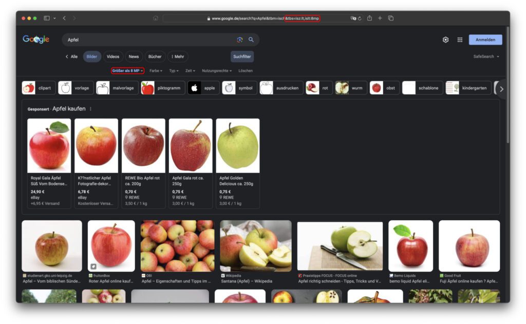 In der URL der Google Bildersuche nutzt ihr den aufgezeigten Parameter, um die Mindestgröße (Ergebnis aus Höhe x Breite der Datei) festzulegen. So findet ihr schneller Internetbilder mit 8 MP, 12 MP, 40 MP oder auch 70 MP Mindestgröße.