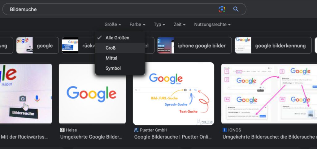 Die Größe-Auswahl in der regulären Google Bildersuche ist stark eingeschränkt. Und "Groß" bietet oft keine wirklich großen Bilder, sondern nimmt bereits jene ab 900 x 900 Pixel in die Ergebnisübersicht auf.