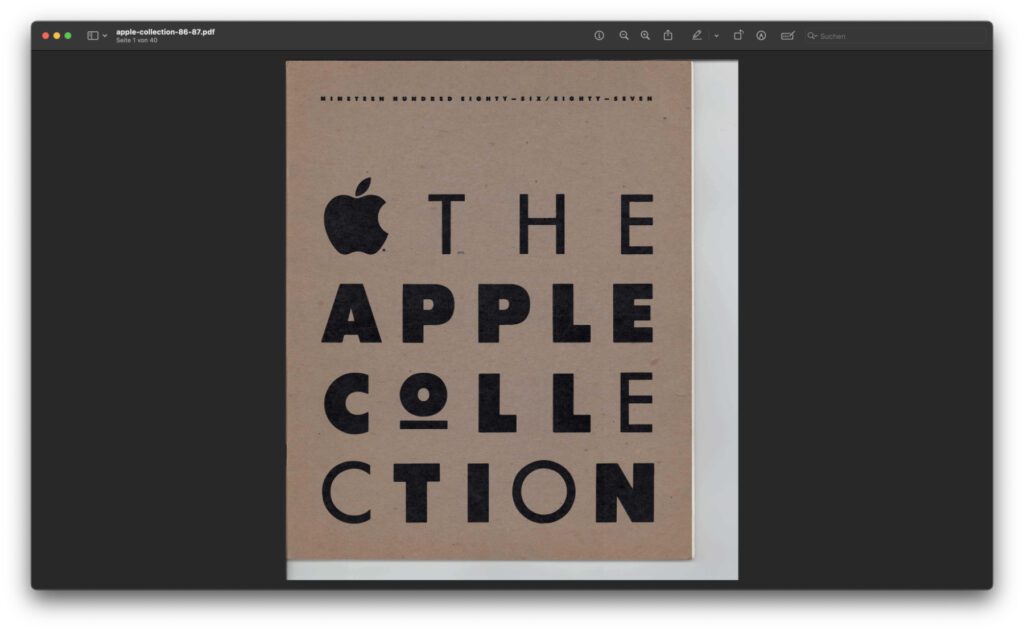 Wer Öko-Produkte erwartet, wird trotz des Einbandes bei The Apple Collection 1986/87 enttäuscht. Denn es kommen viel Kunststoff, Leder und Übersee-Importe im Katalog für Macintosh-Fan-Produkte vor.