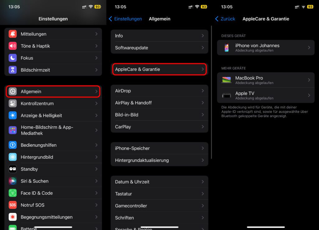 Hier könnt ihr am iPhone den Garantie-Status und die AppleCare-Abdeckung aller Apple-Geräte abrufen, die ihr mit der gleichen Apple-ID sowie über Bluetooth verbunden habt.
