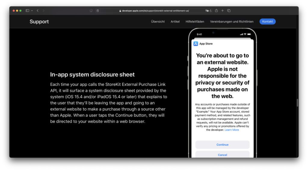 Tippt man den Link zur externen Bezahlmöglichkeit an, wird man großflächig davor gewarnt, dass man nun den Einflussbereich Apples verlässt. Kombiniert mit dem Bewerbungs- und Implementierungsprozess für die Developer ist das neue Angebot für niemanden eine positive Erfahrung.