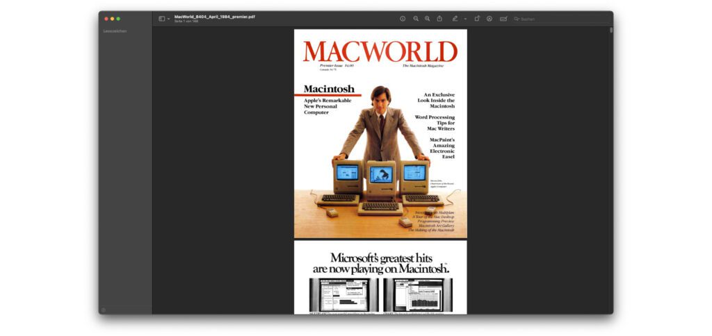 Die allererste Macworld-Ausgabe könnt ihr online durchlesen sowie in verschiedenen Formaten herunterladen. Hier ein Screenshot der PDF-Datei.