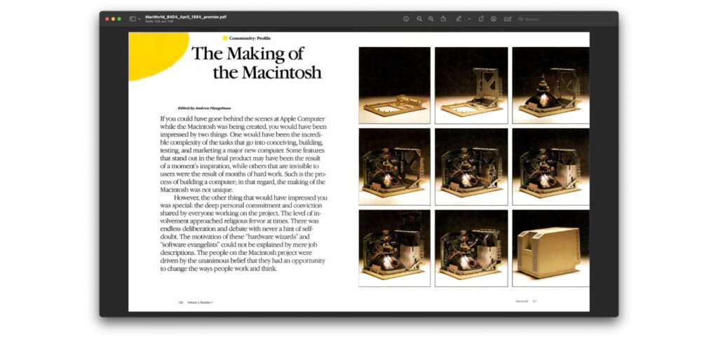 Die erste Ausgabe des Macworld-Magazins vom April 1984 enthält u. a. ein Making-Of des ersten Apple Macintosh.