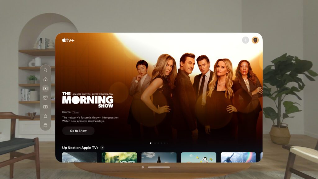 Auf einem Spatial Computer, der als Leinwand-Ersatz genutzt werden kann, darf bei Apple natürlich die TV App mit Nutzung von Apple TV+ nicht fehlen.