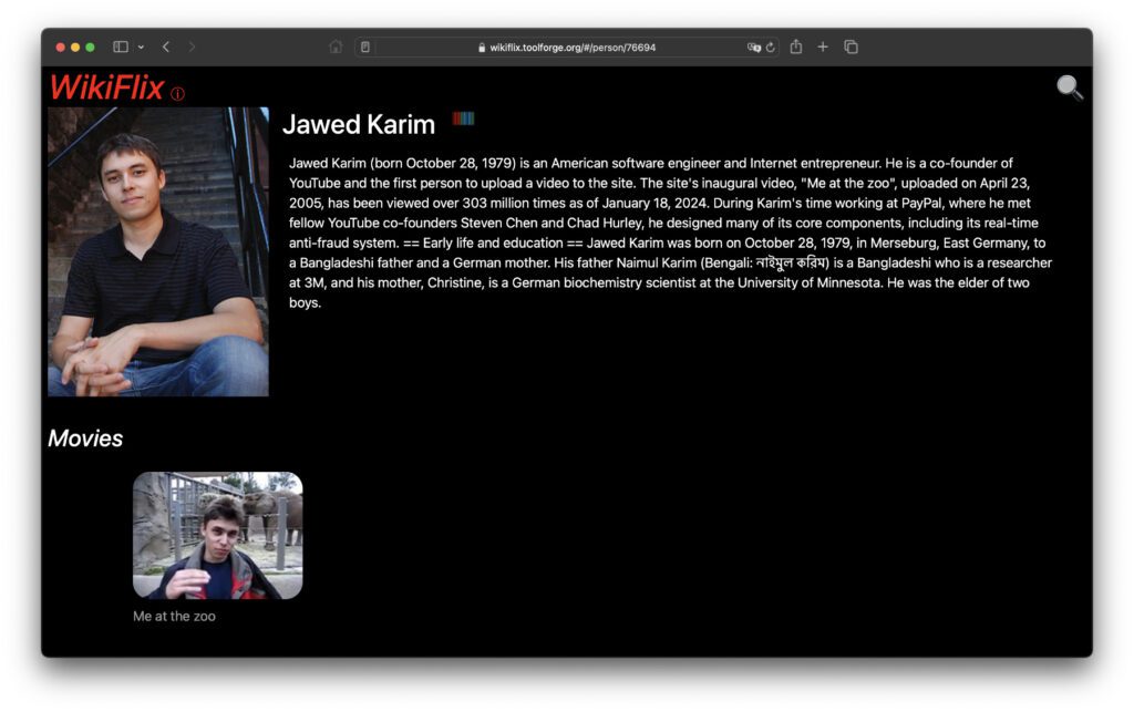 Sogar das allererste YouTube-Video "Me at the zoo" ist gelistet. Und für den darin zu sehenden YouTube-Cogründer Jawed Karim gibt es eine eigene Darsteller-Seite.