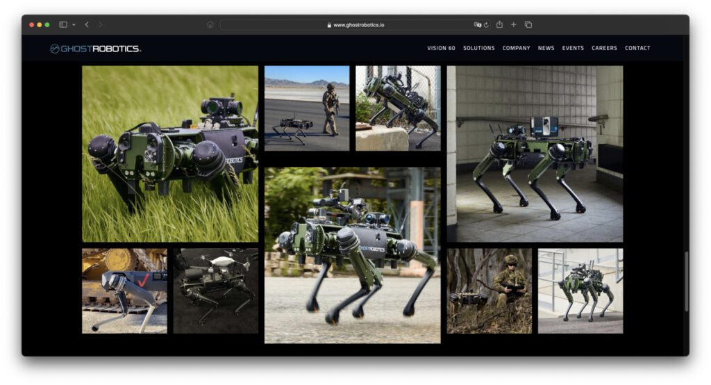 Auf der Webseite von Ghost Robotics wird klar, dass man die allgemeinen und für die Wirtschaft präsentierten Einsatzfähigkeiten von Robotern auch gleich durch Militär-Beispiele ersetzen kann.