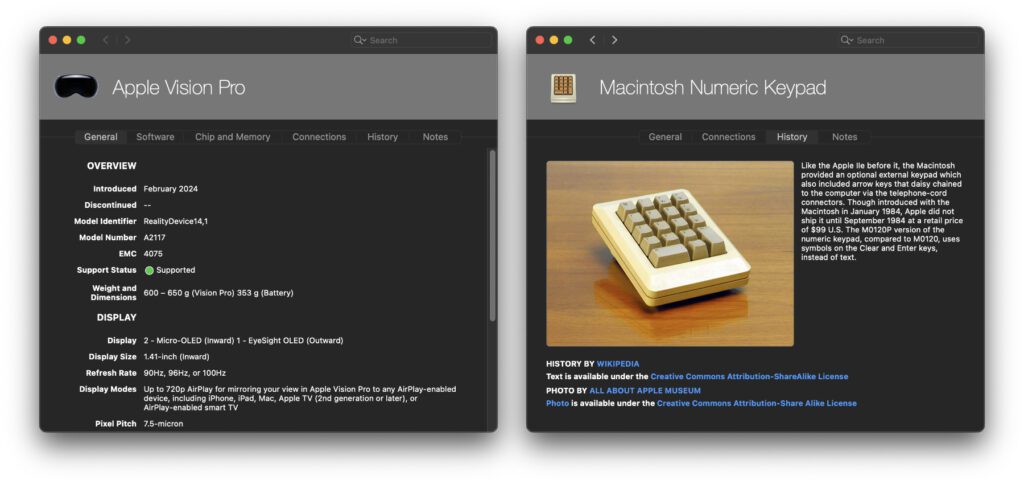 Mit dem Update auf die Version 7.12.14 hat die Mactracker App nicht nur Einträge für die Vision Pro und visionOS bekommen, sondern auch Informationen zum Macintosh Numeric Keypad. So gibt es nun zusätzliche Infos für Hardware aus 2024 und 1984 gleichermaßen.