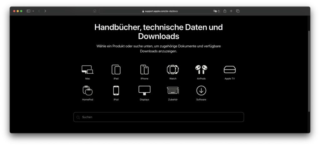 Apple hat kürzlich diese neue Übersicht für Geräte, technische Daten, Handbücher, Software, Zubehör und Downloads online gestellt. Man wird wenig an die Hand genommen, findet aber zahlreiche Ressourcen.