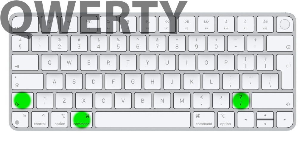 Auf der QWERTY-Tastatur für englischsprachige Regionen ergibt der Shortcut Sinn: command und Fragezeichen.