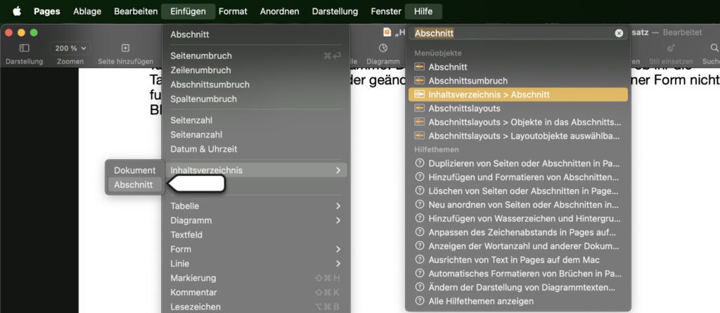 Über das Suchfeld des Hilfemenüs können andere Menüpunkte ausfindig gemacht werden. Man führt die Funktion aus, indem man entweder das Suchergebnis oder den markierten Menüpunkt anklickt.