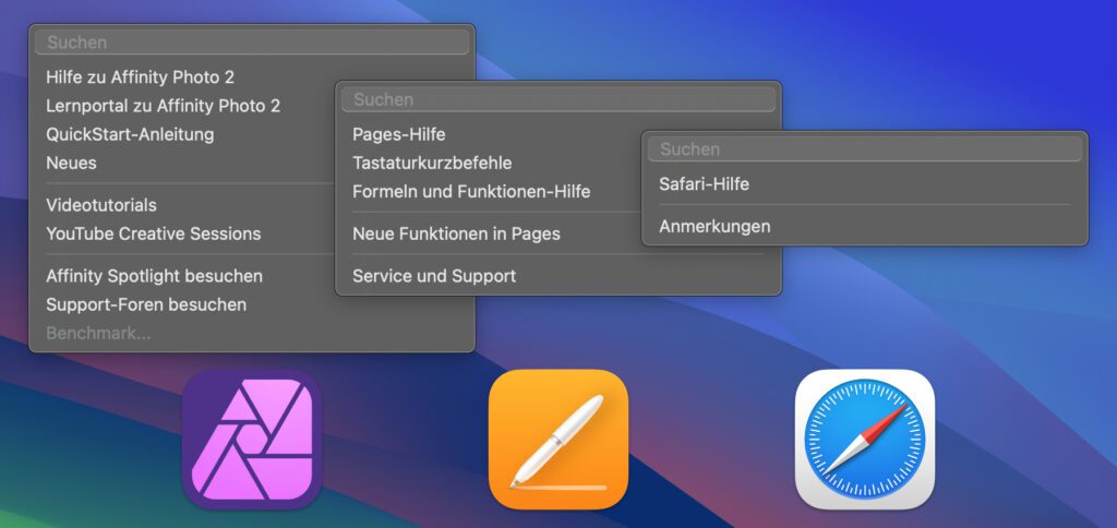 Umfang verschiedener Hilfe-Menüs: Affinity Photo 2 (links), Pages (mittig) und Safari (rechts).