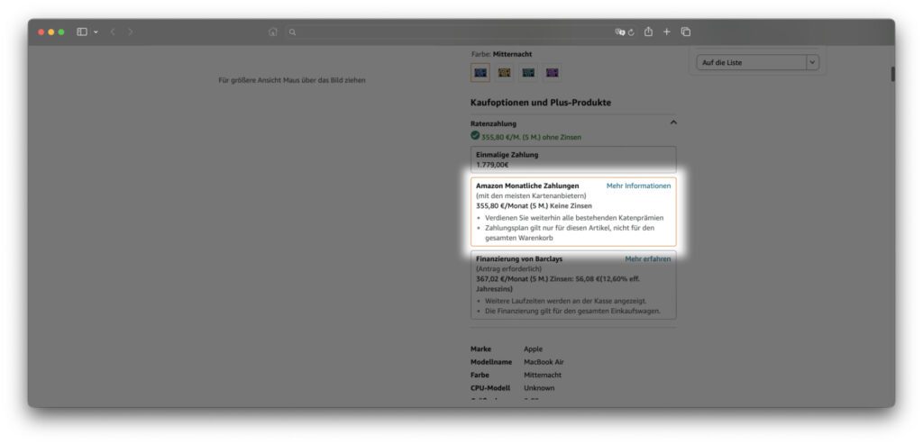 Nutzt die Amazon-Finanzierung, um die zinslose Ratenzahlung über 5 Monate in Anspruch zu nehmen. Anschließend könnt ihr wie gewohnt weiter einkaufen bzw. zum Bezahlvorgang gehen.